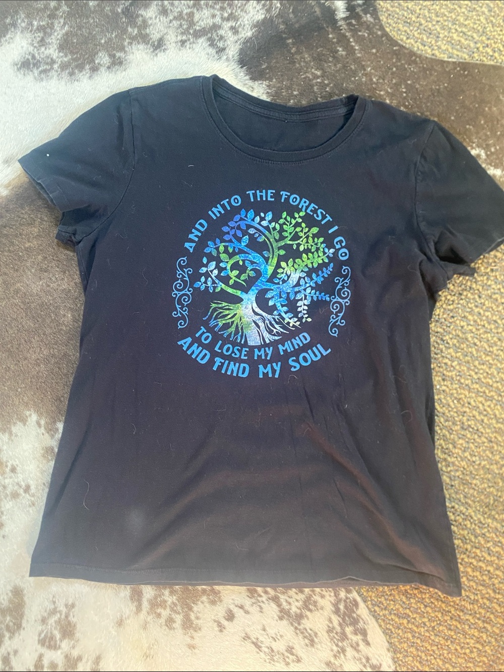 Black Women's Short Sleeve Tee with Blue-Green Tree Graphic